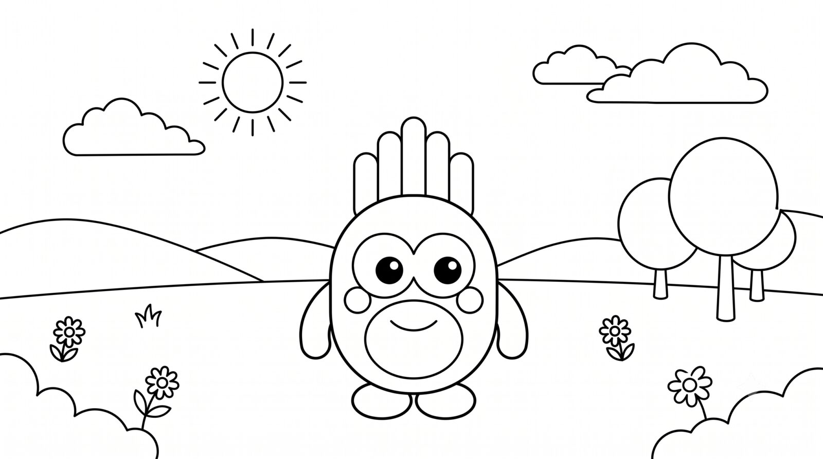MoMo as black-and-white line art on a grassy hill, a red crayon adding the first streak of colour to his cheek and crest