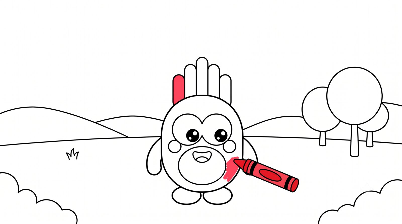 MoMo standing in a sunny meadow with trees, flowers and clouds, all drawn in plain outline and waiting to be coloured