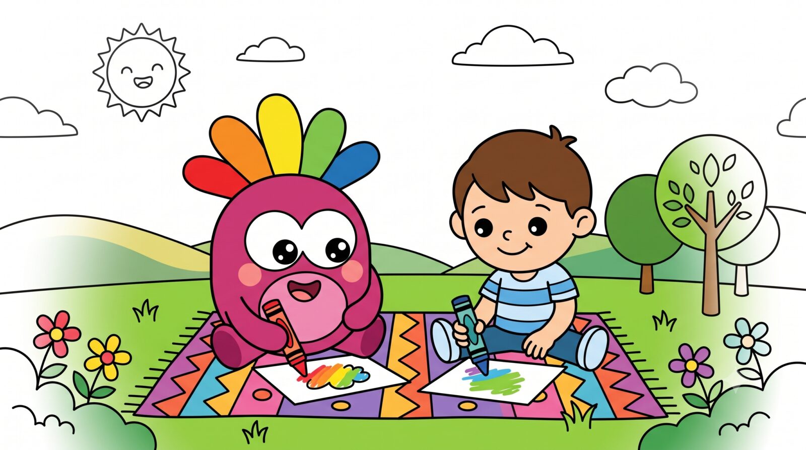 MoMo and a child coloring together outdoors