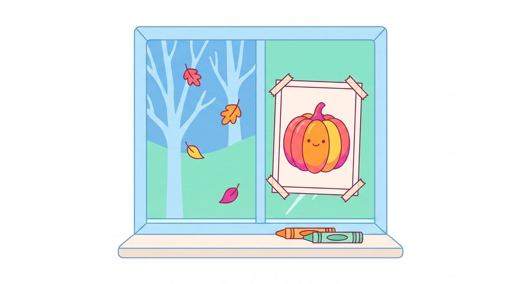 A colored pumpkin coloring page taped to a window as a seasonal decoration
