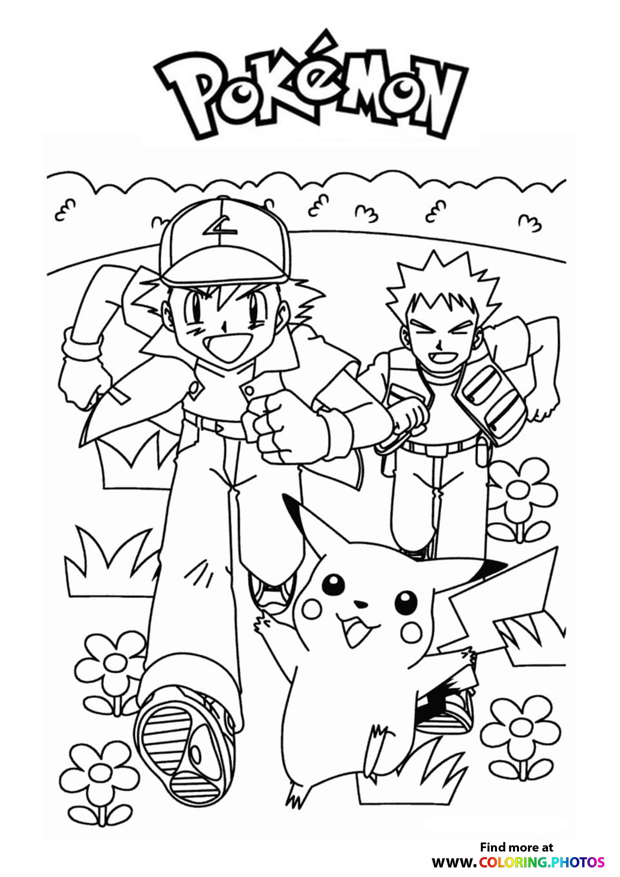 Ash and Brock running - Pokemon coloring page