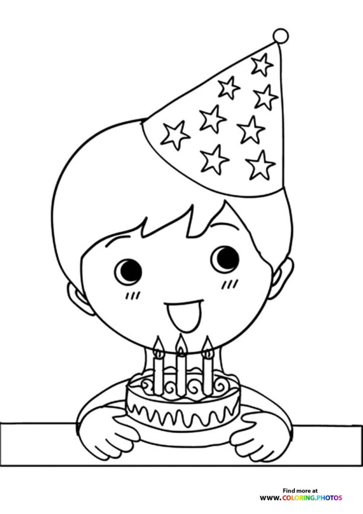 Birthday boy with cake coloring page