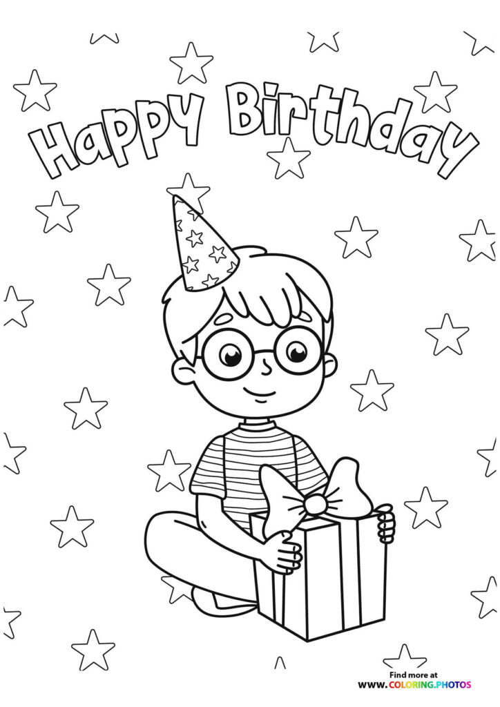 Happy Birthday boy with present coloring page