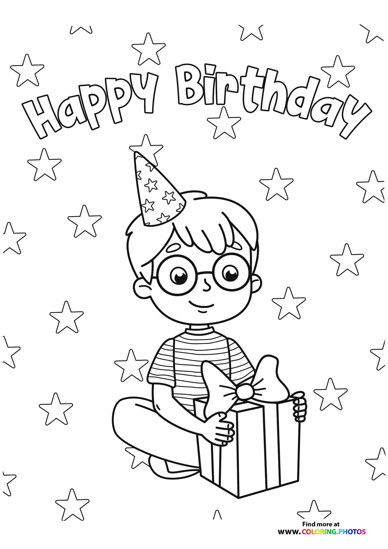Happy Birthday boy with present coloring page
