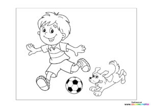 Boy and dog playing football