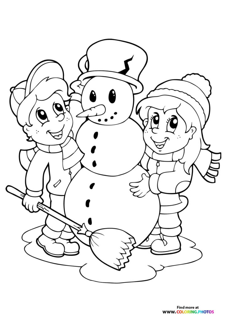 Boy and girl build a snowman coloring page