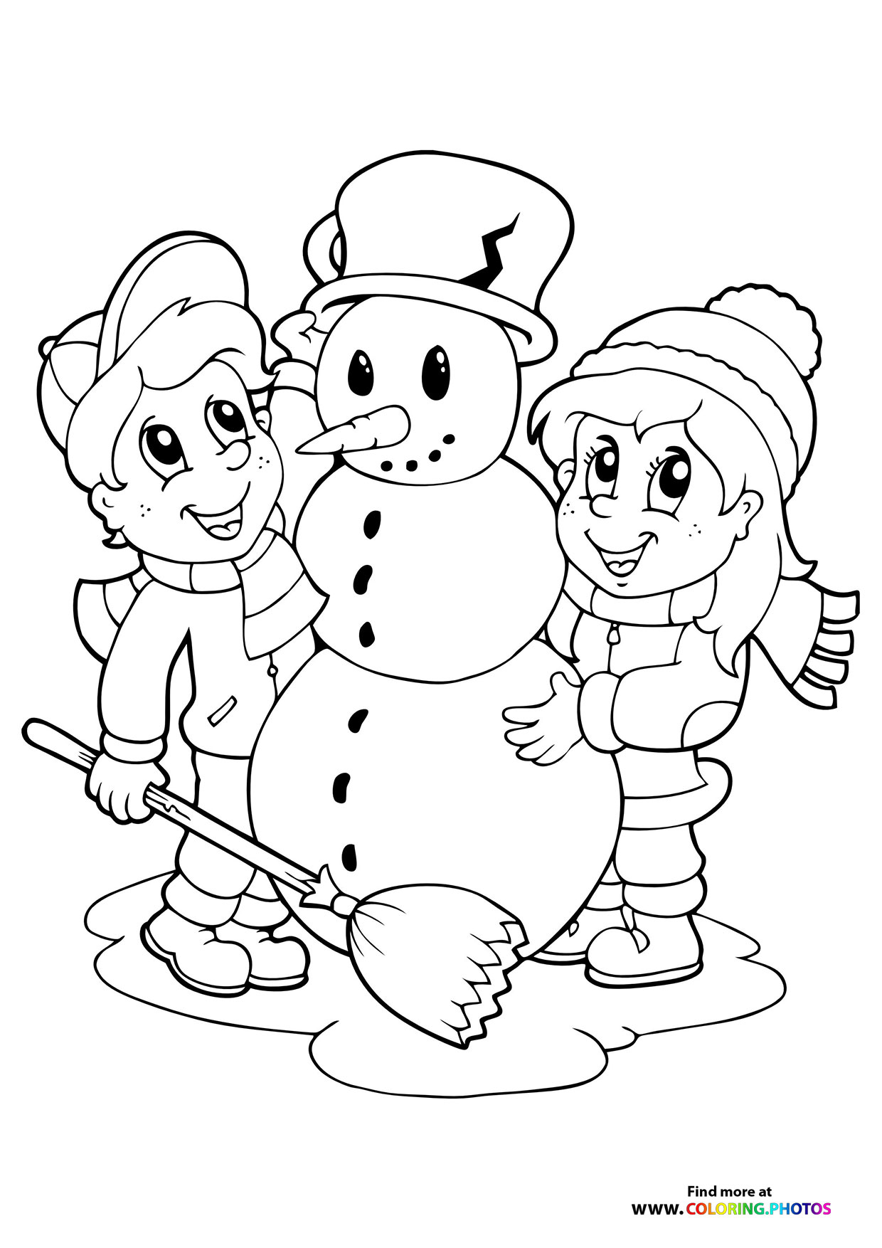 Boy and girl build a snowman coloring page