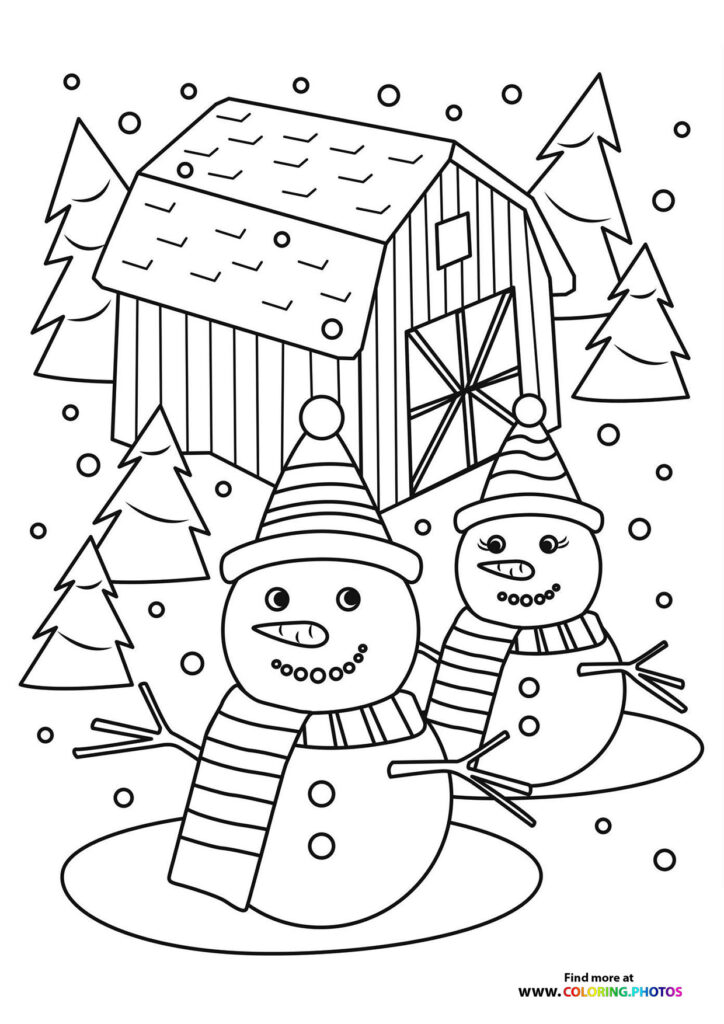 Boy and girl snowman coloring page