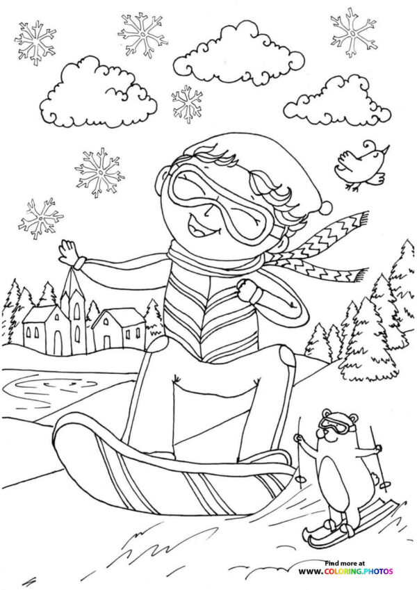 Cute boy snowboarding coloring page