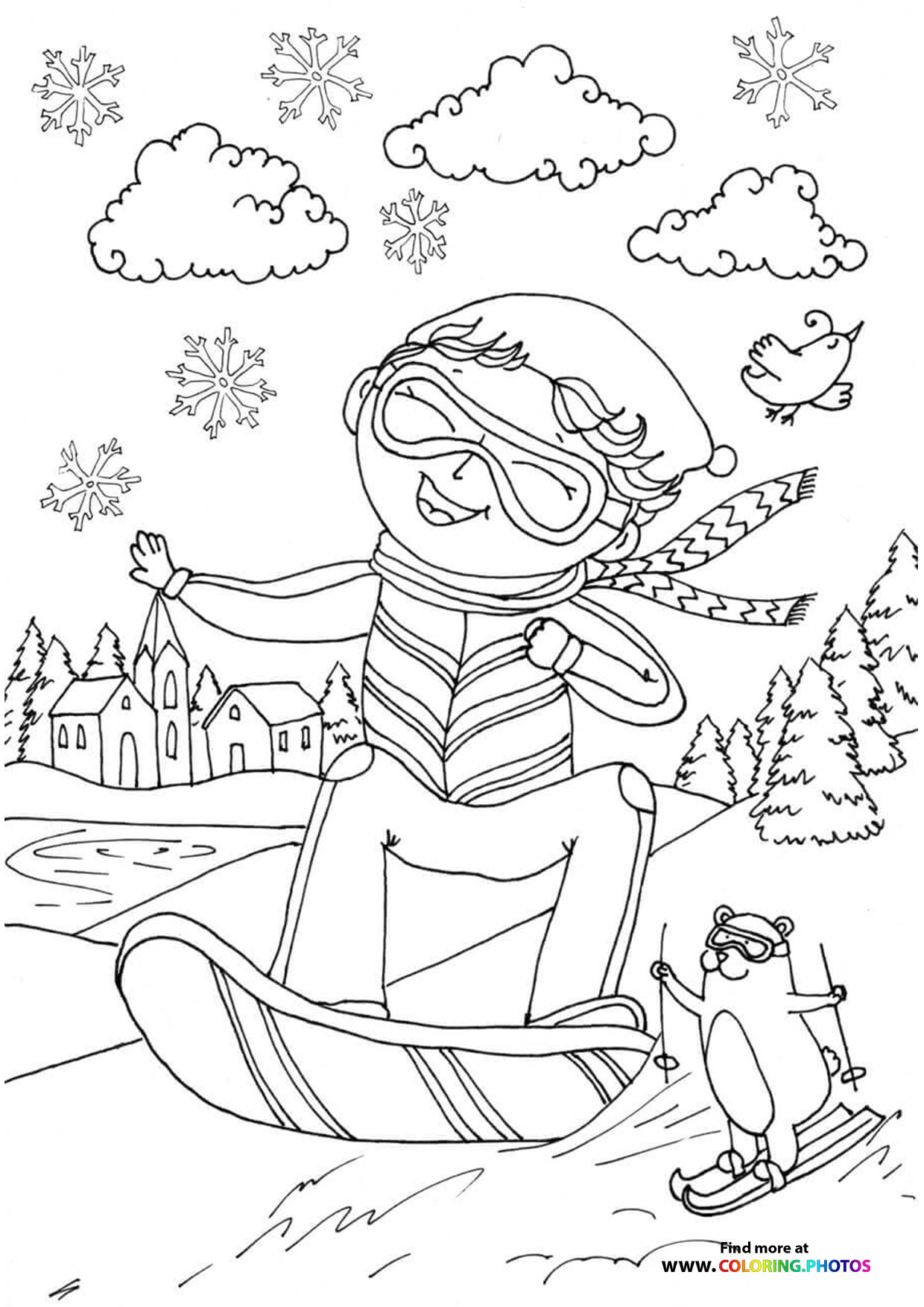 Cute boy snowboarding coloring page