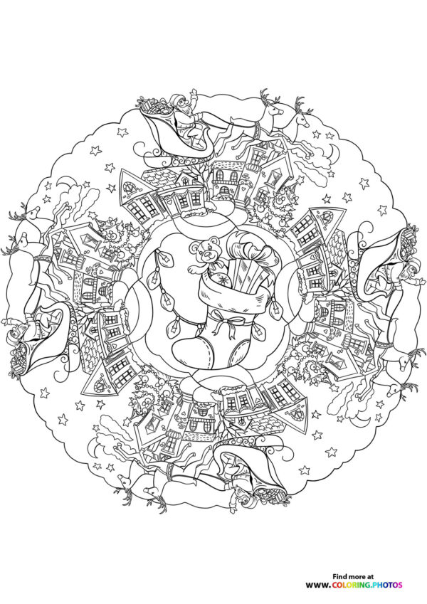 Christmas mandala with christmas stocking coloring page