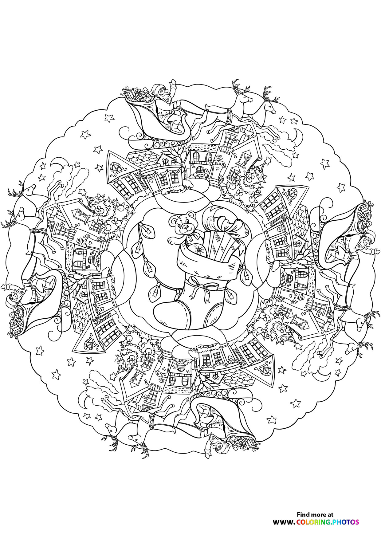 Christmas mandala with christmas stocking coloring page