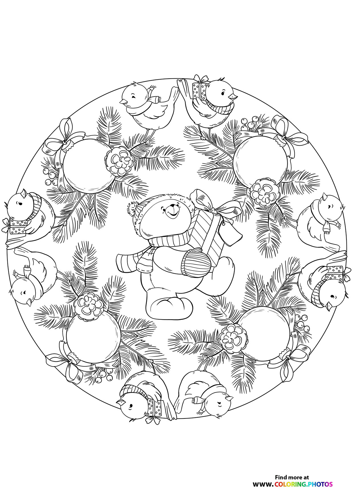 Christmas mandala with a Teddy Bear coloring page