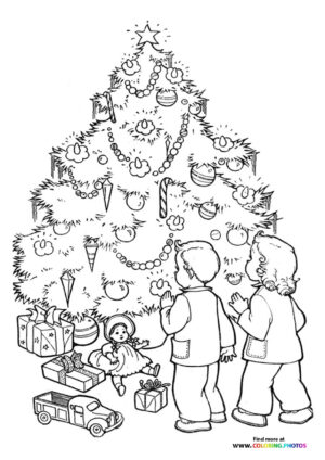 Children Opening Gifts by the Christmas Tree