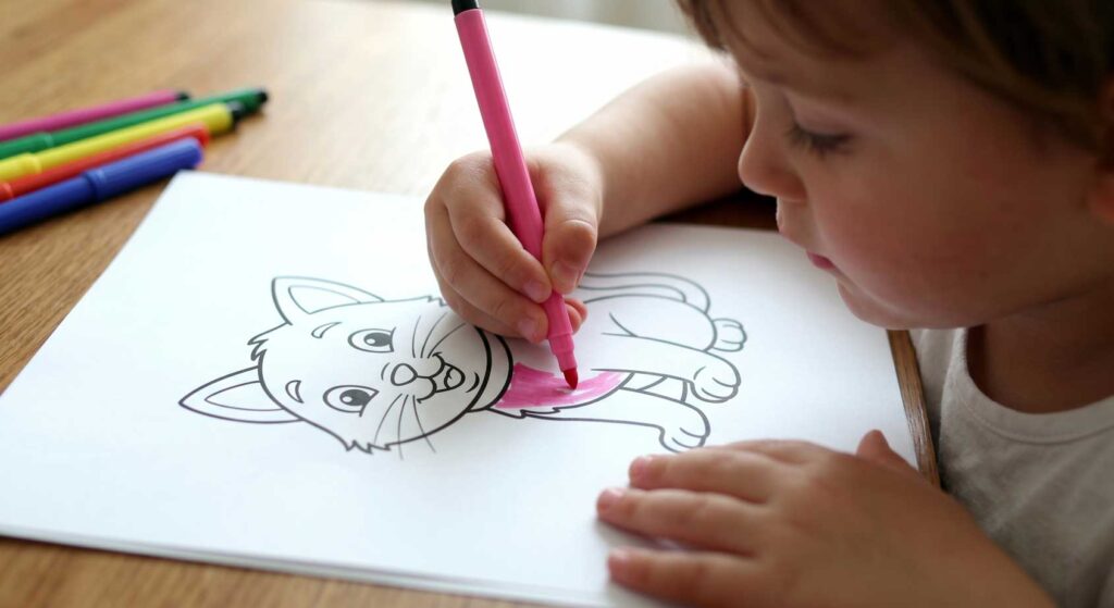 A candid photograph capturing a young child's small hand meticulously coloring a simple printed cartoon cat outline with a bright pink felt-tip marker.