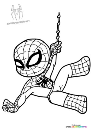 Cute little Spiderman hanging on a web