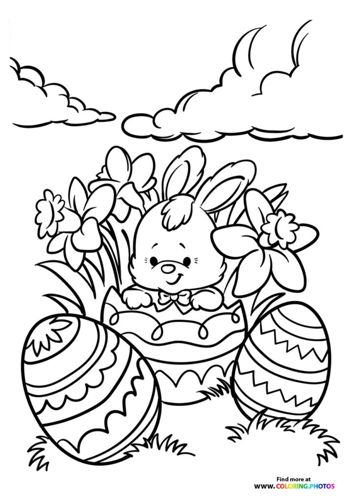 Cute easter bunny in egg coloring page
