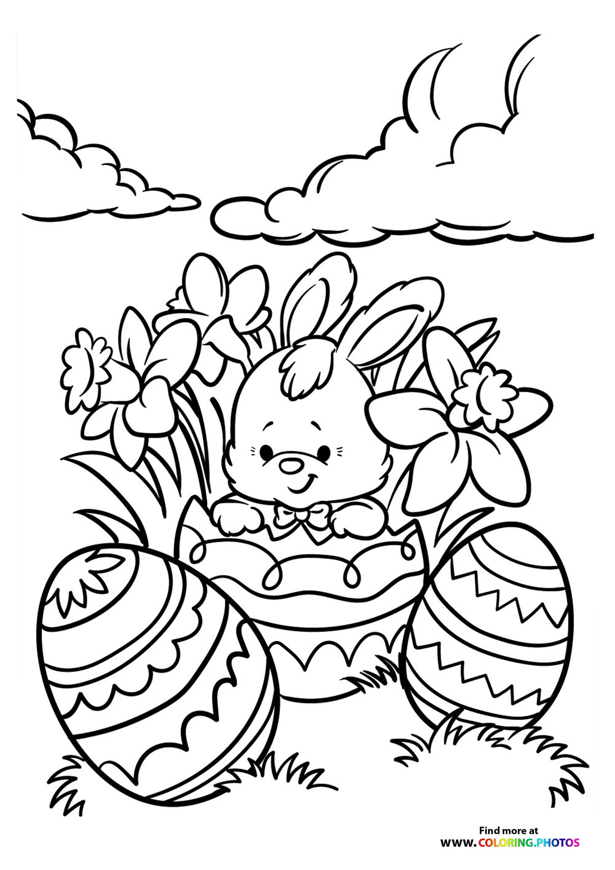 Cute easter bunny in egg coloring page