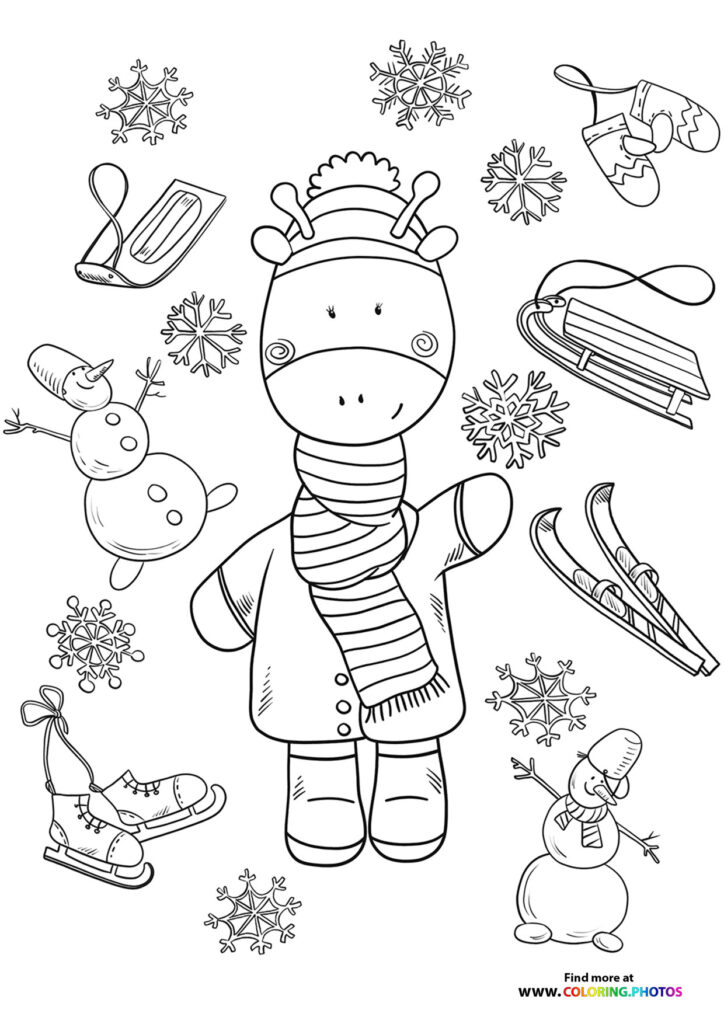 Cute winter giraffe coloring page