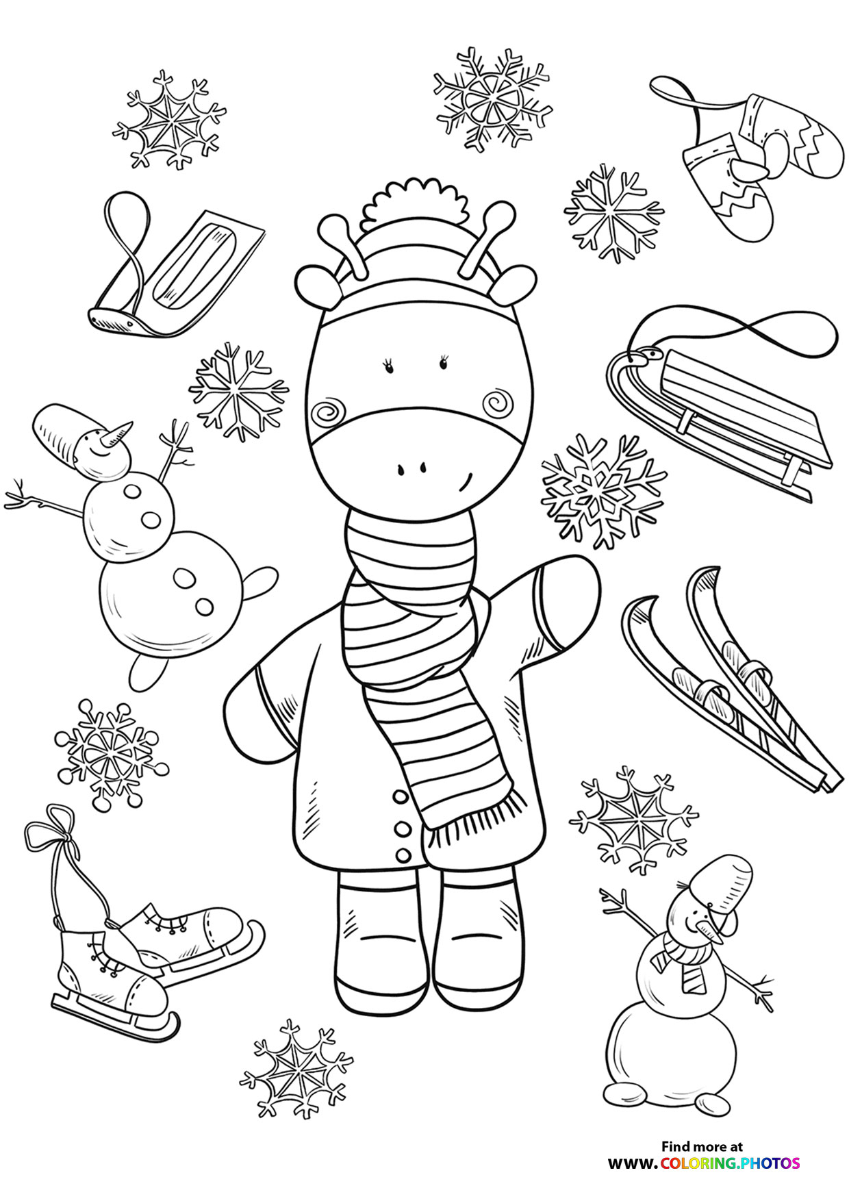 Cute winter giraffe coloring page