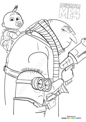 Gru, Baby, and Minions