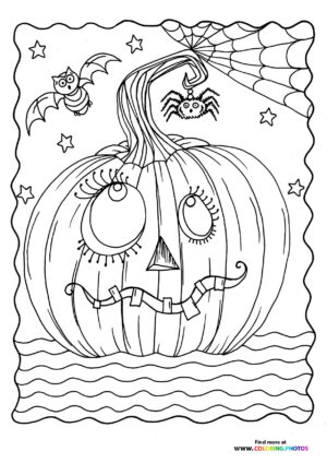 Friendly Halloween Pumpkin with Bat and Spider