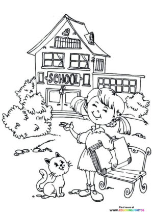 Girl with Cat by School Building