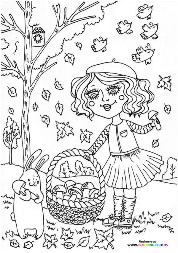 Girl picking up shrooms coloring page