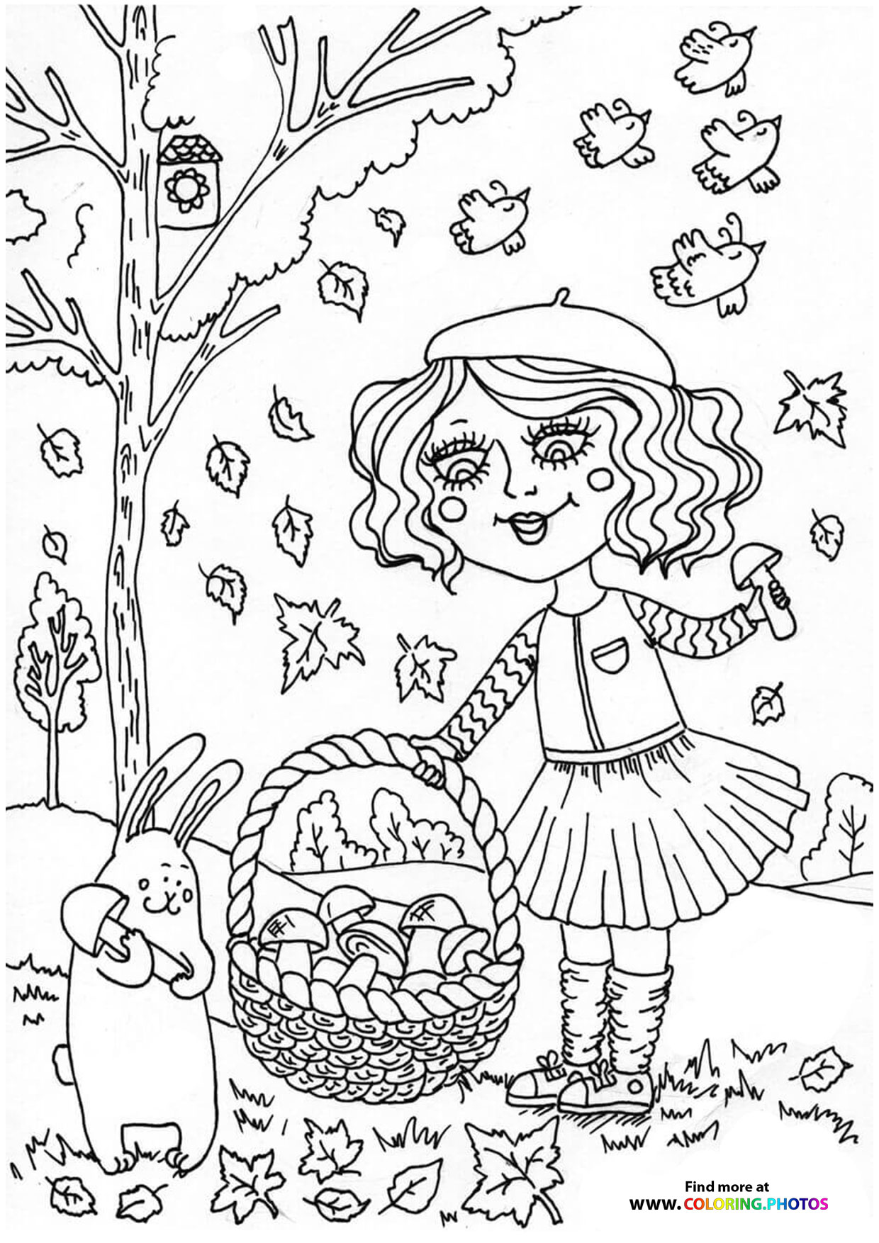 Girl picking up shrooms coloring page