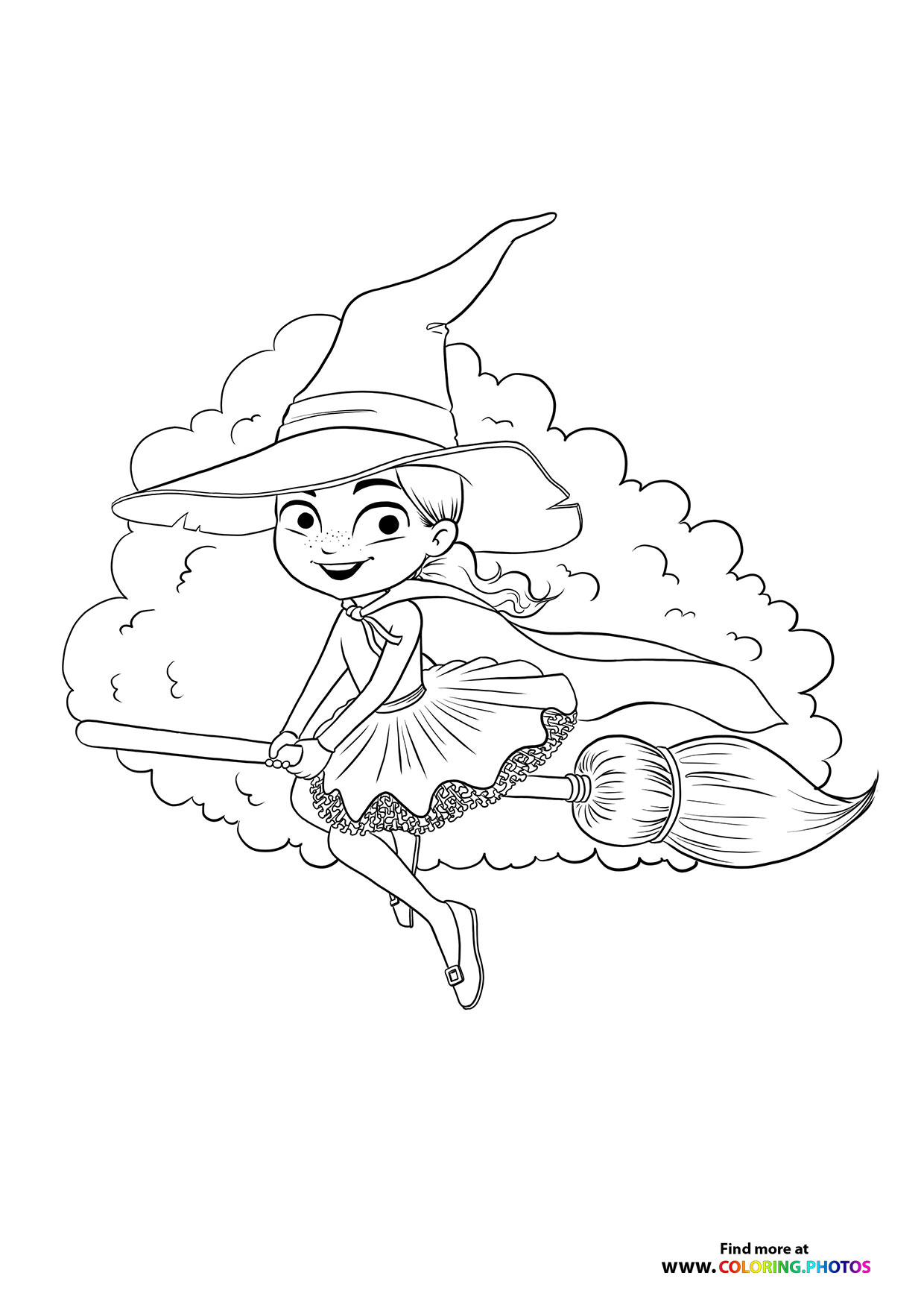 Halloween witch flying on a broom coloring page