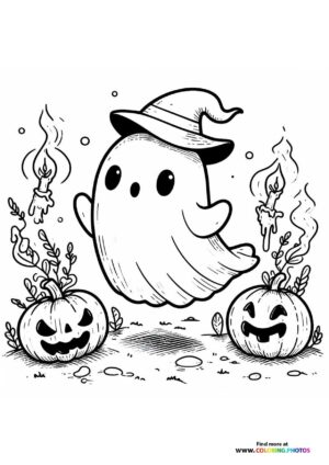 Friendly Ghost with Witch Hat and Jack-o'-Lanterns