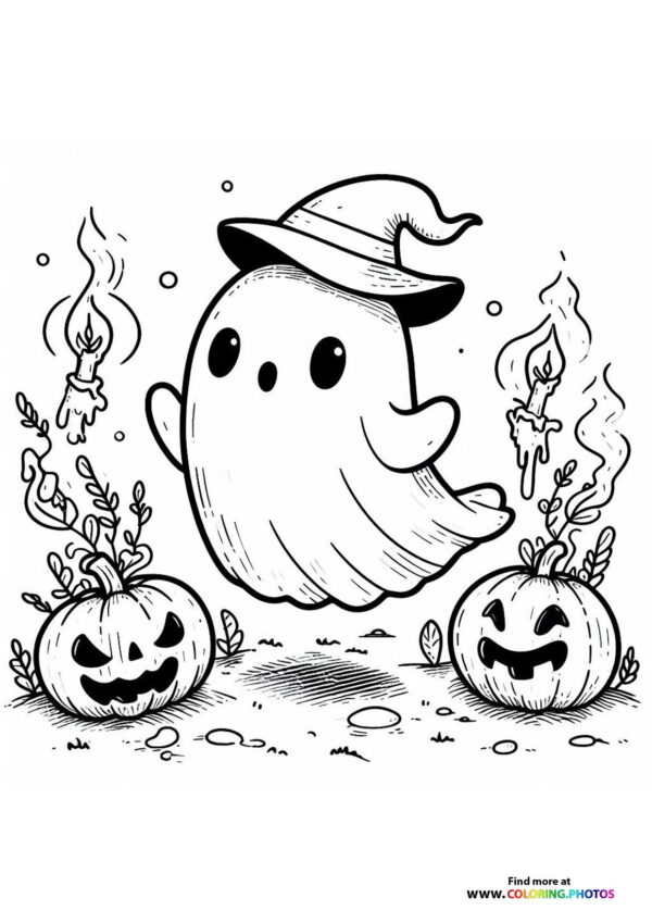 Friendly Ghost with Witch Hat and Jack-o’-Lanterns