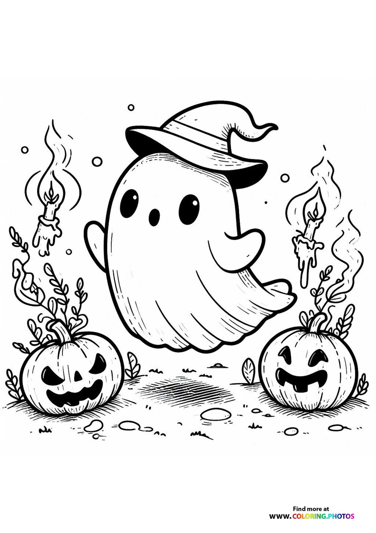 Friendly Ghost with Witch Hat and Jack-o’-Lanterns