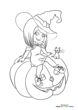 Friendly Witch on a Pumpkin with Cat