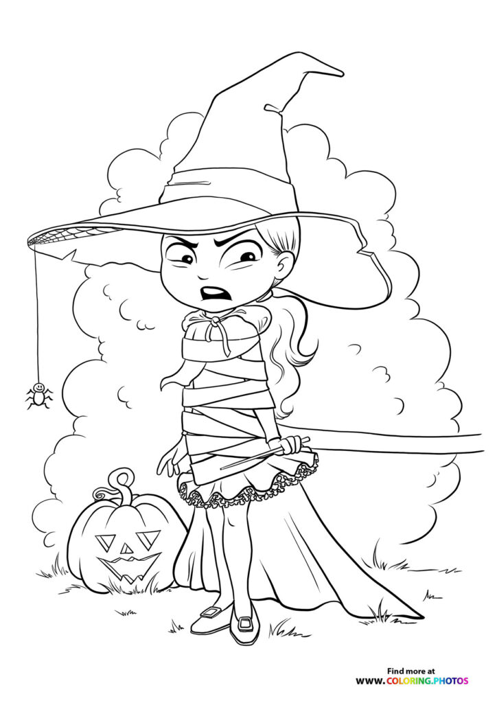 Halloween witch being tied up coloring page