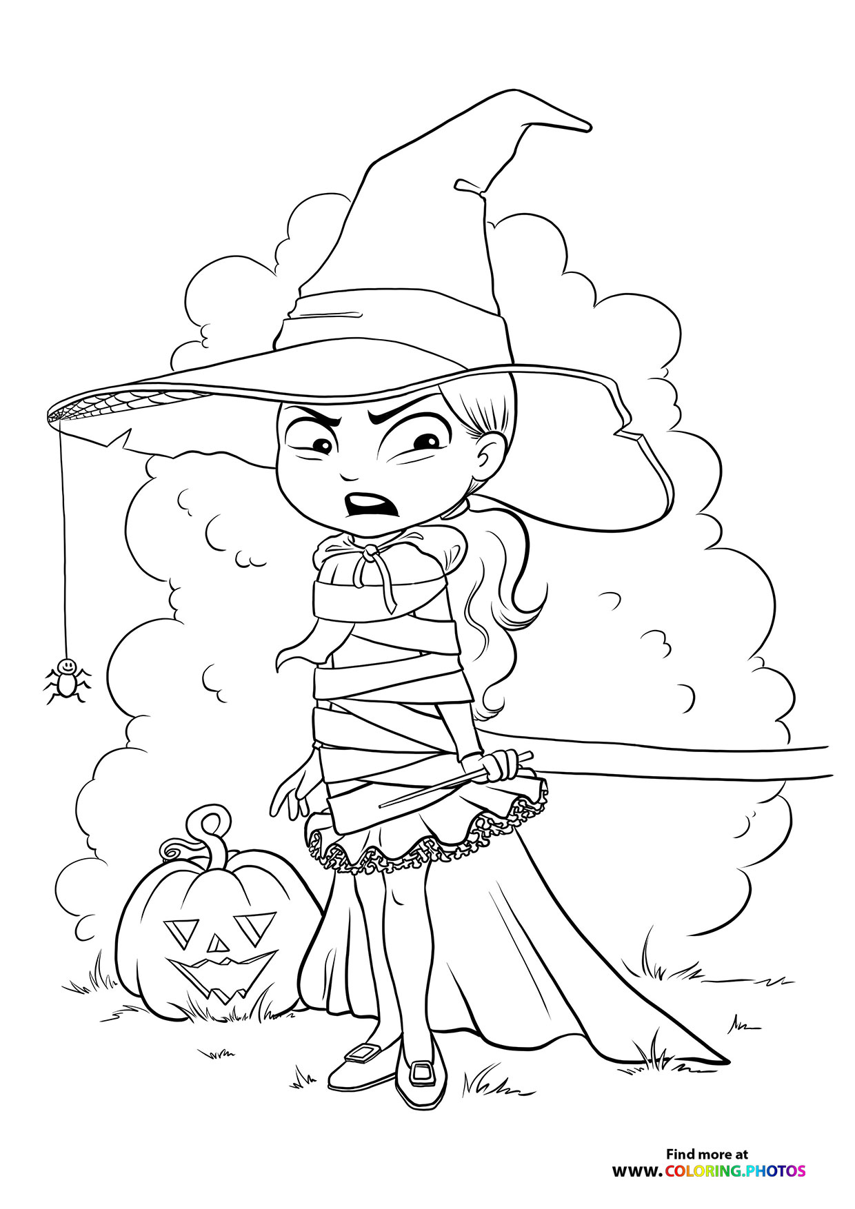 Halloween witch being tied up coloring page