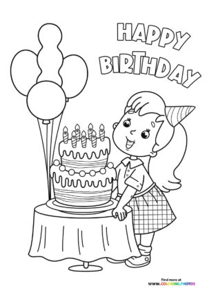 Birthday Girl with Cake and Balloons