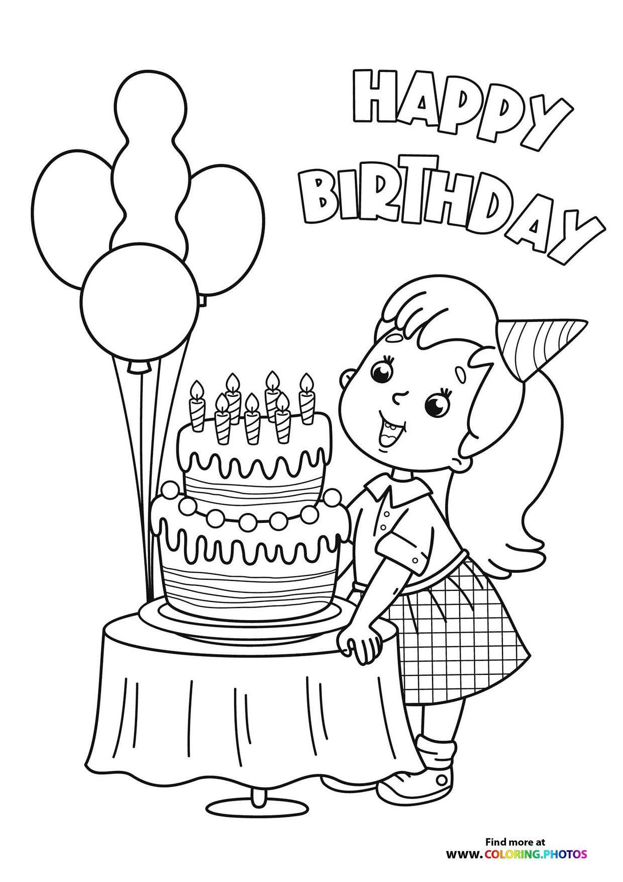 Birthday girl with a cake coloring page