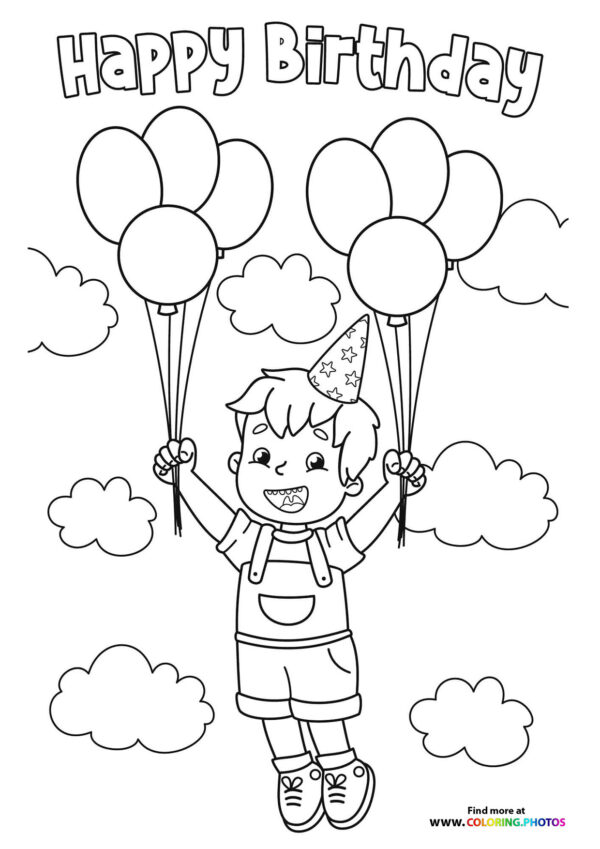 Happy Birthday boy with party hat coloring page