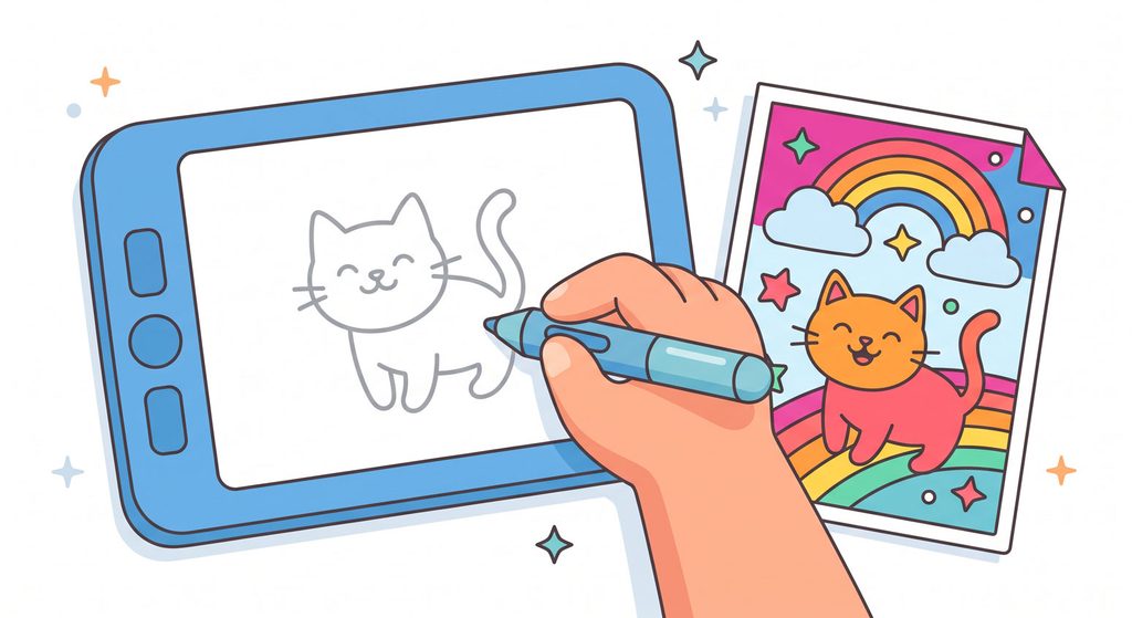 A hand drawing a coloring page outline on a tablet with a stylus