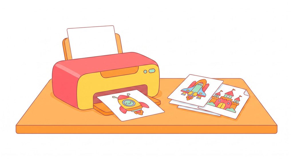 Illustration of a printer printing a colorful coloring page at a home desk