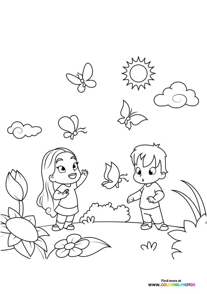 Kids playing in spring