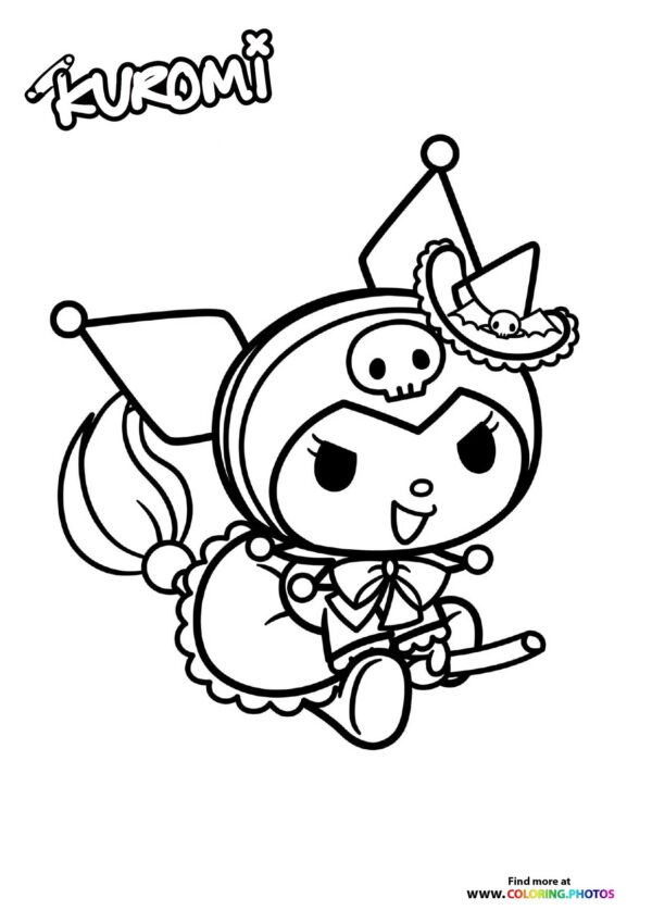 Kuromi flying on a broom