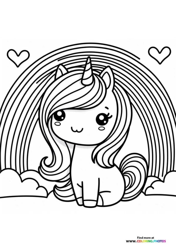 Little cute unicorn in front of the rainbow