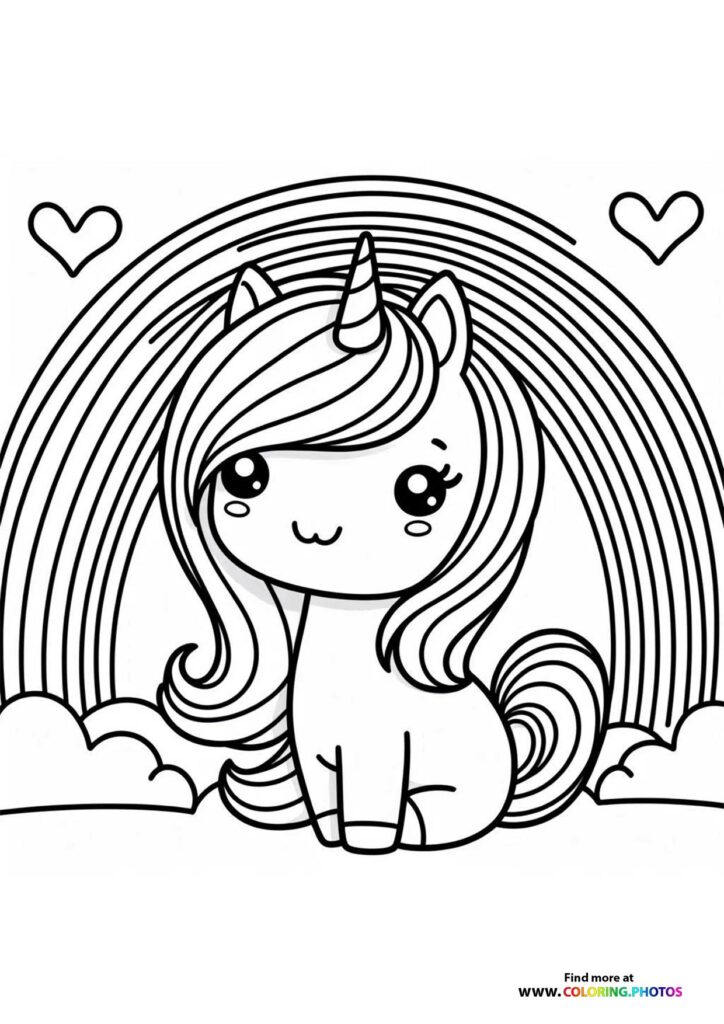 Little cute unicorn in front of the rainbow
