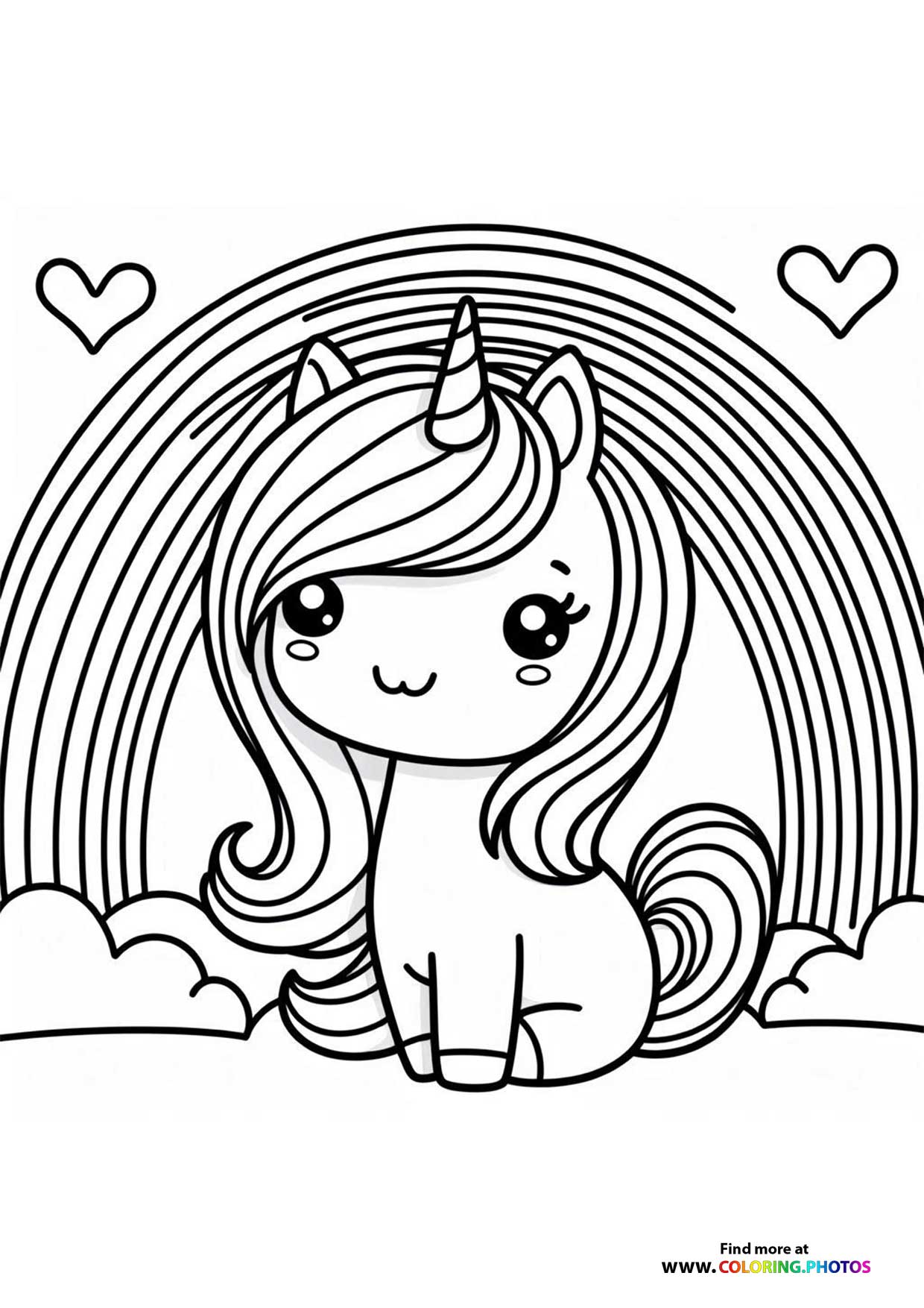 Little cute unicorn in front of the rainbow