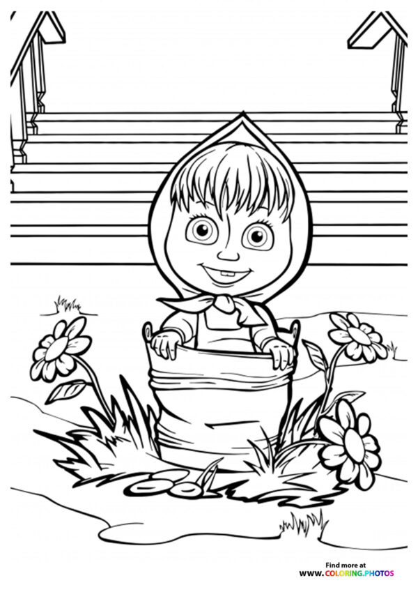 Masha in a bucket coloring page