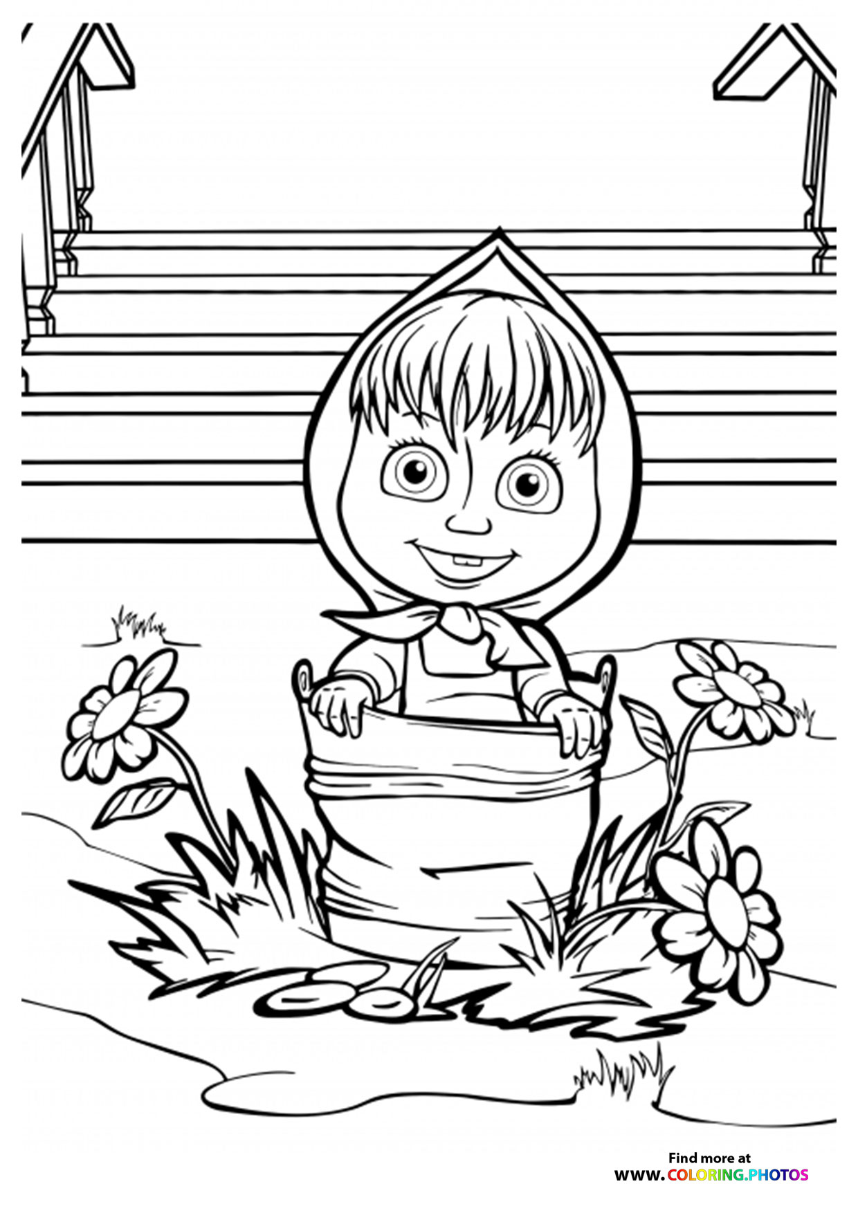 Masha in a bucket coloring page