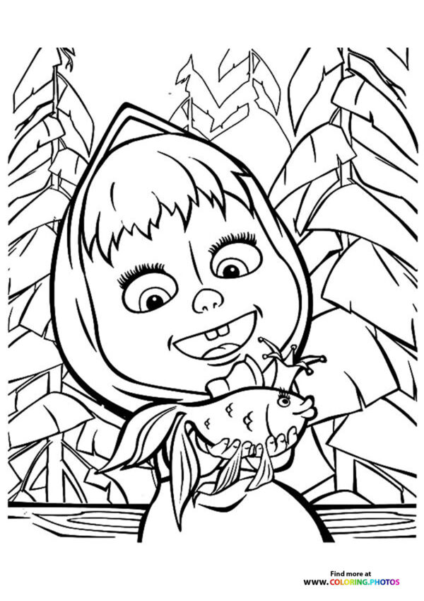 Masha with goldfish coloring page