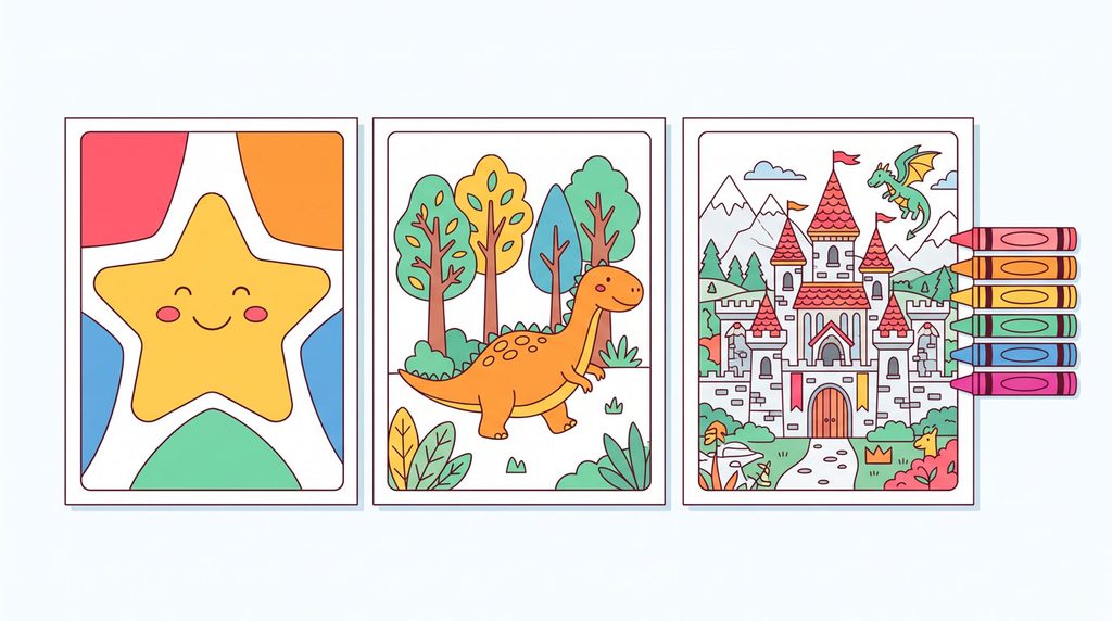 Coloring pages of different difficulty levels laid out in a row from simple to detailed